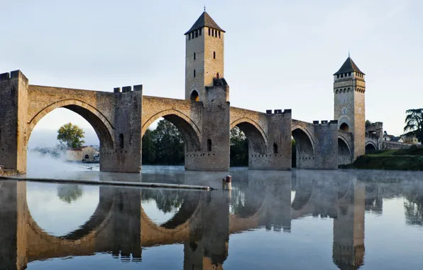 Picture bridge, fog, river, France, arch, Cahors