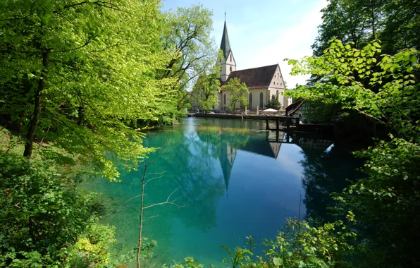 Greens, summer, trees, branches, pond, foliage, Germany, Church