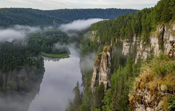 Clouds, landscape, nature, river, rocks, forest, Bank, Perm Krai