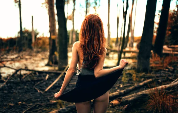 Forest, girl, legs, skirt, Backside, Miro Hofmann