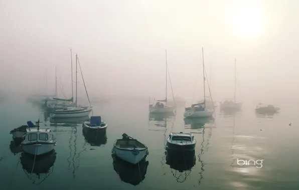 Picture sea, light, fog, Bay, boats, calm, harbour