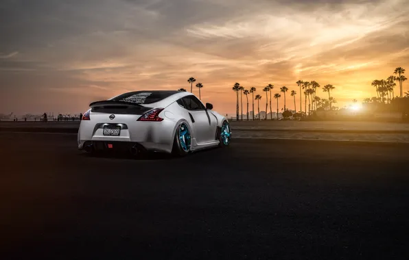 Picture Nissan, Sunset, White, 370Z, Stance, Garage, Before, Rear