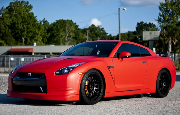 Picture the sky, trees, red, black, Matt, nissan, wheels, drives