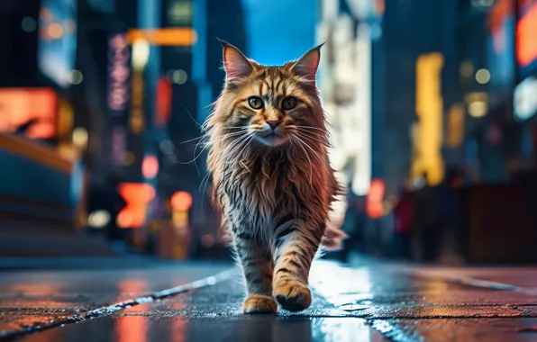 Cat, cat, look, night, the city, lights, wet, pose