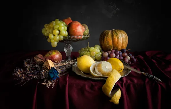 Flowers, table, Apple, grapes, dry, knife, pumpkin, vase