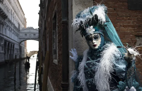 Feathers, mask, costume, Venice, channel, carnival