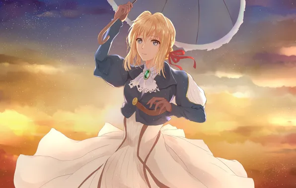 Girl, umbrella, anime, Violet Evergarden