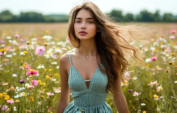 Field, flowers, neckline, beautiful girl, digital art, digital art, summer day, AI art