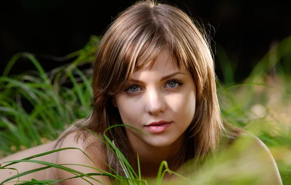Grass, look, girl, brown hair, Emily, amelie, gray-eyed