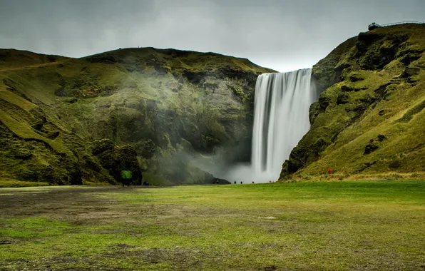 Picture rock, stones, waterfall, moss, Iceland, Skogafoss