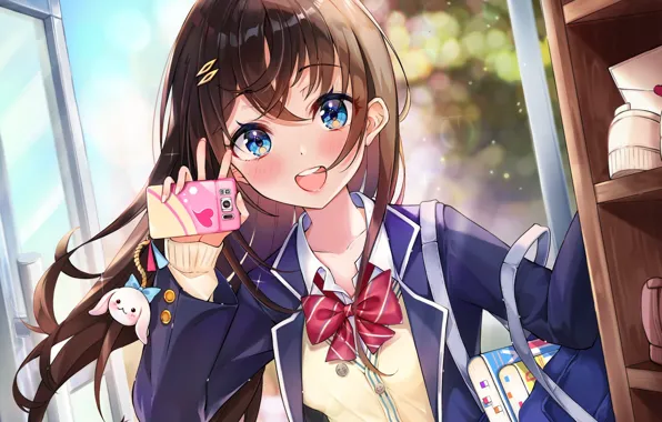 Phone, schoolgirl, blue eyes, keychain, school uniform, long hair, bangs, fun