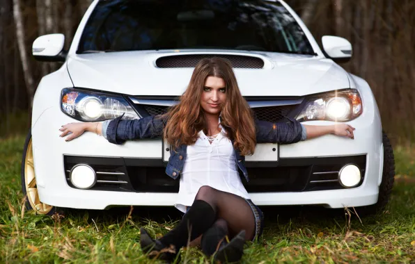 Picture grass, look, girl, Subaru, white car