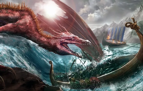 Picture dragon, ship, monster, Andrii Shafetov, Dragon attack