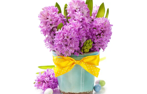 Picture background, eggs, vase, holiday Easter, flowers hyacinths
