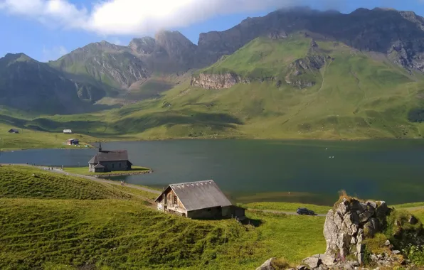 Greens, machine, clouds, mountains, lake, house, stones, rocks