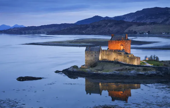 Picture the sky, mountains, lake, reflection, castle, the evening, Scotland, backlight