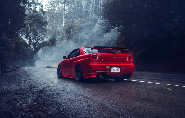 Picture Red, GT-R, R34, Road, Trees, Turn