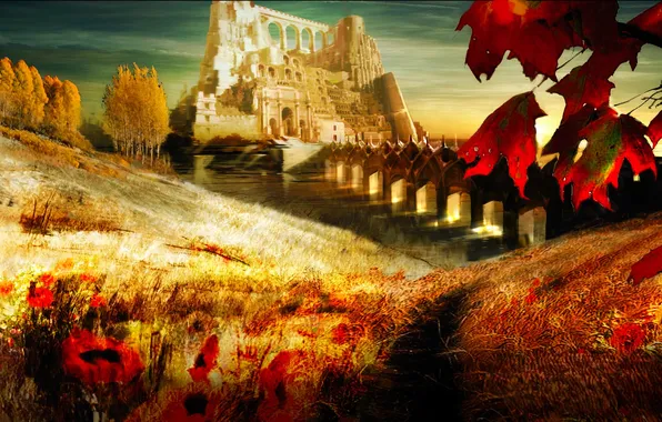 Autumn, leaves, trees, bridge, river, castle, the ruins, ruins
