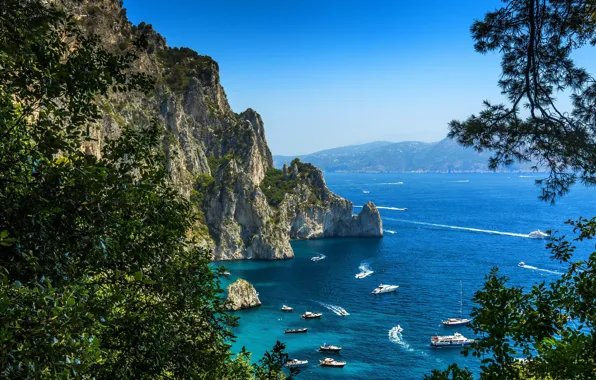 Sea, trees, mountains, yacht, Italy, Capri