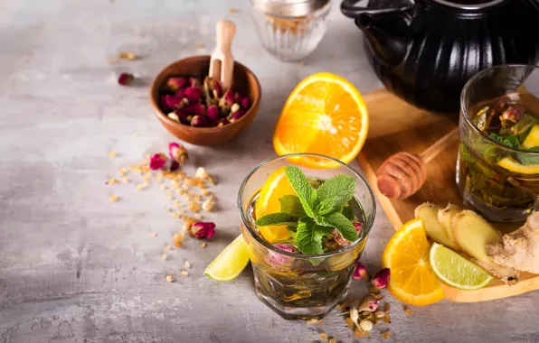 Lemon, tea, orange, honey, buds, mint, ginger