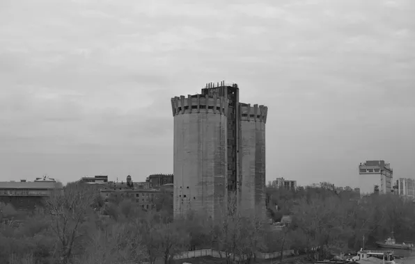 Picture the sky, trees, clouds, the city, overcast, black and white, abandoned, Russia