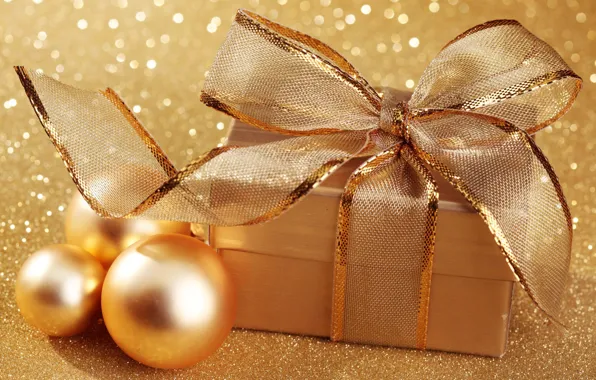 Balls, gold, holiday, box, gift, balls, new year, Christmas