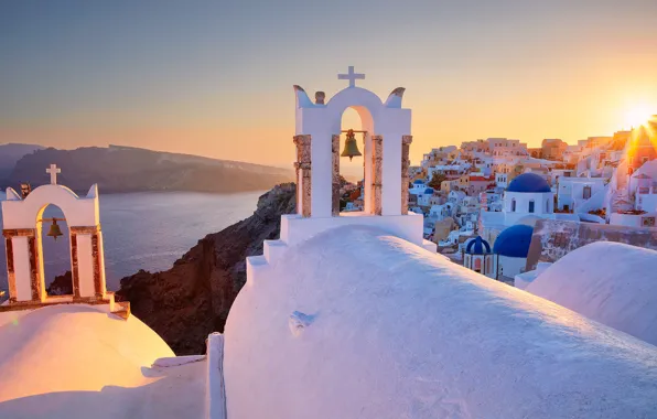 Sea, dawn, building, home, Santorini, Greece, Church, bell