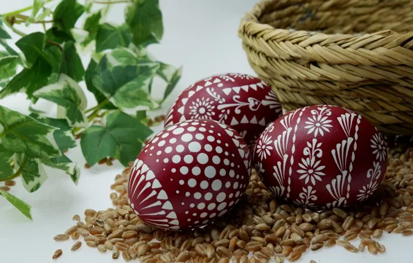 Leaves, holiday, pattern, grain, eggs, spring, Easter, trio