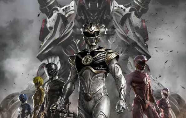 Picture white tiger, Power Rangers, red ranger, yellow ranger, zord, white ranger, blue ranger, black ranger