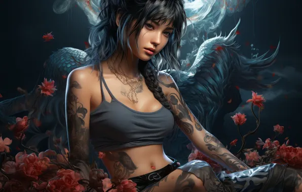 Girl, Anime, Tattoo, Wings, Anime girl, AI Generated
