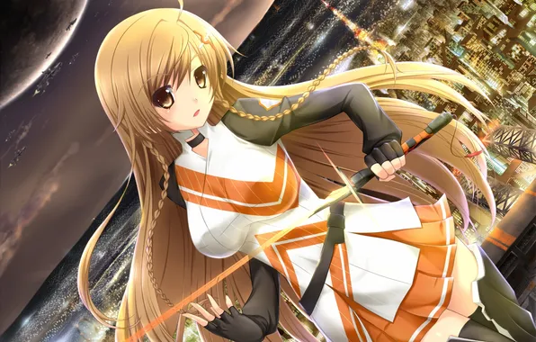 Girl, the city, lights, weapons, planet, sword, art, kopianget