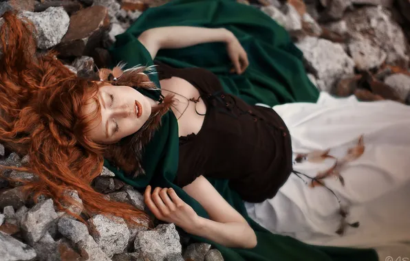 Girl, stones, feathers, cloak, redhead