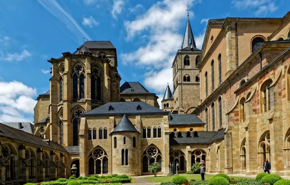 Flowers, lawn, wall, Germany, yard, Cathedral, tower, the bushes