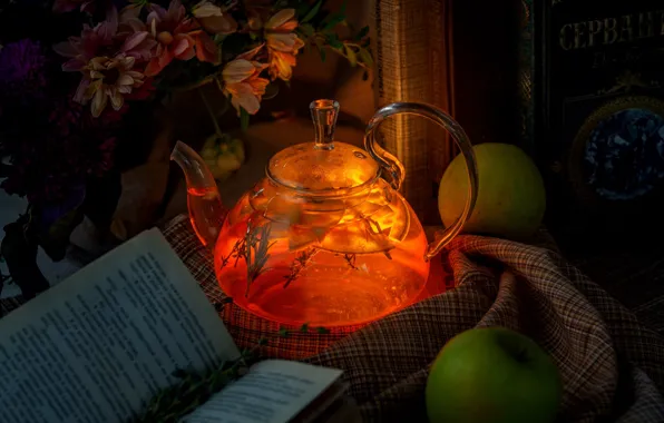 Tea, Apple, kettle, book