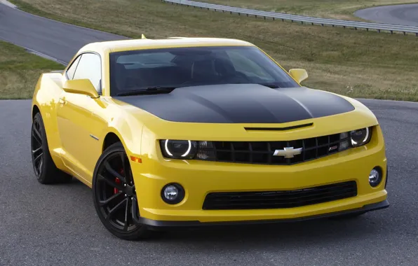 Yellow, Chevrolet, Camaro, Chevrolet, Camaro, racing track, the front, Muscle car