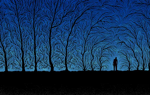 Trees, branches, blue, black, people