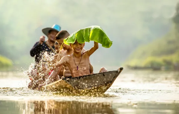 Children, sheet, river, boat, laughter, Vietnam, river, smile