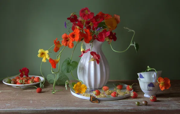 Leaves, flowers, berries, table, butterfly, food, bouquet, strawberry