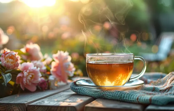 Glass, the sun, rays, light, flowers, comfort, tea, Board