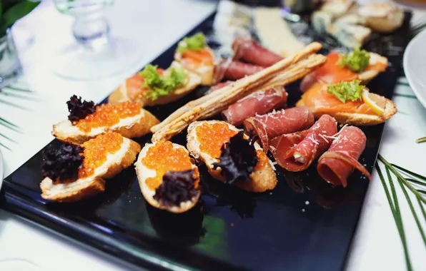 Fish, meat, baguette, caviar, sandwiches, dried meat