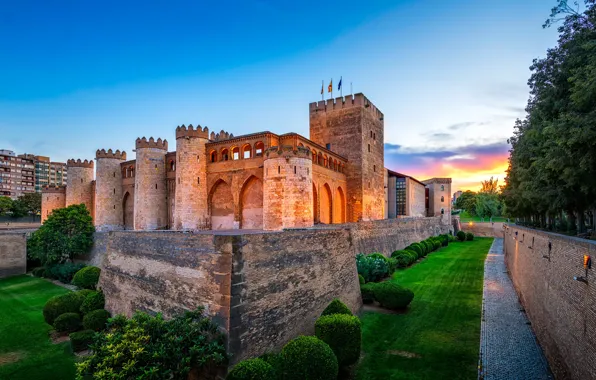 The sky, grass, trees, sunset, lights, lawn, wall, the evening