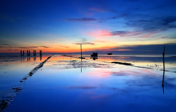 Picture sea, the sky, clouds, sunset, boat, tide