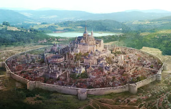 Picture landscape, mountains, the city, castle, wall