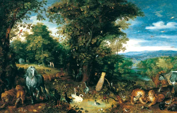 Picture animals, Paradise, picture, mythology, Jan Brueghel The Elder, The Garden Of Eden