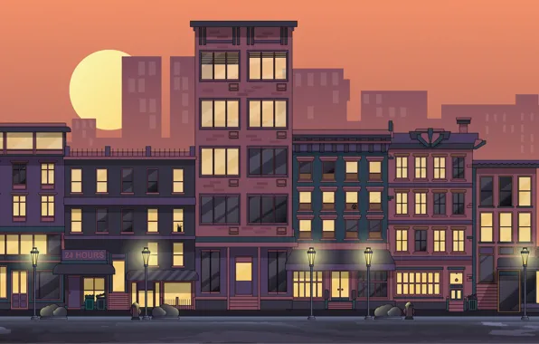 Sunset, The city, House, Street, Light, The building, Architecture, Art