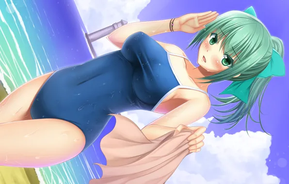 Girl, sexy, cleavage, beach, sea, boobs, anime, beautiful