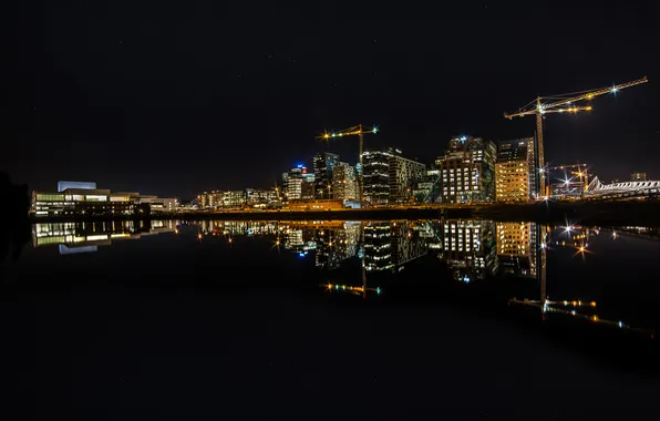 Night, the city, lights, river, tower crane