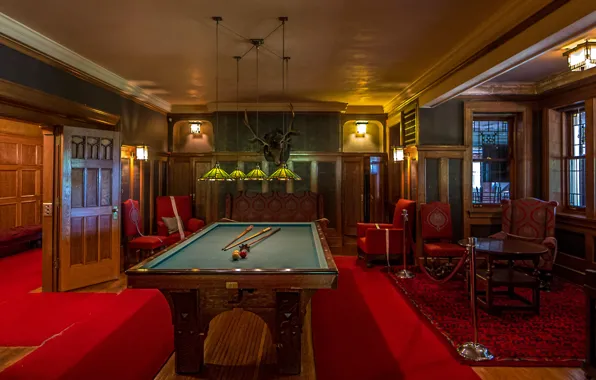 Picture light, table, Windows, chair, Billiards, chandelier, red carpet, the moose head