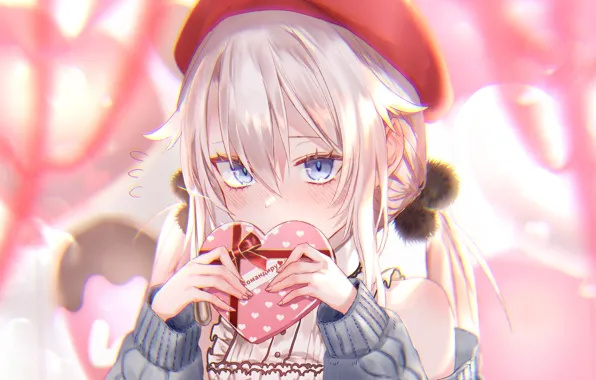 Blue eyes, Valentine, takes, gift box, embarrassment, valentine`s day, Girls Frontline, 9a-91