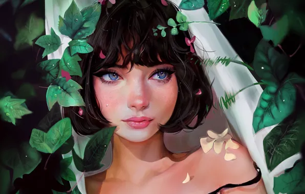 Eyes, leaves, girl, face, style, portrait, brunette, art